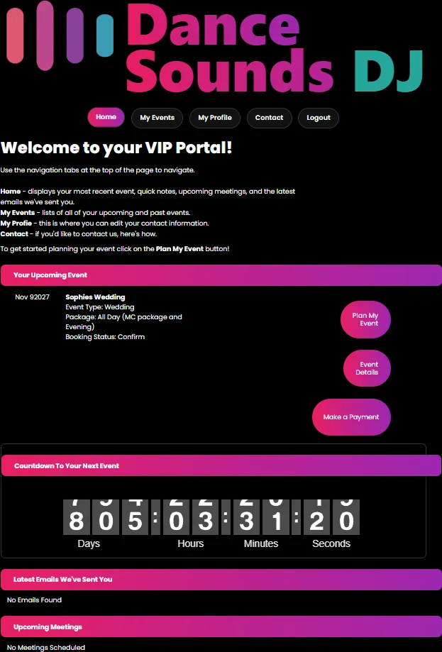 VIP portal: Dashboard screen